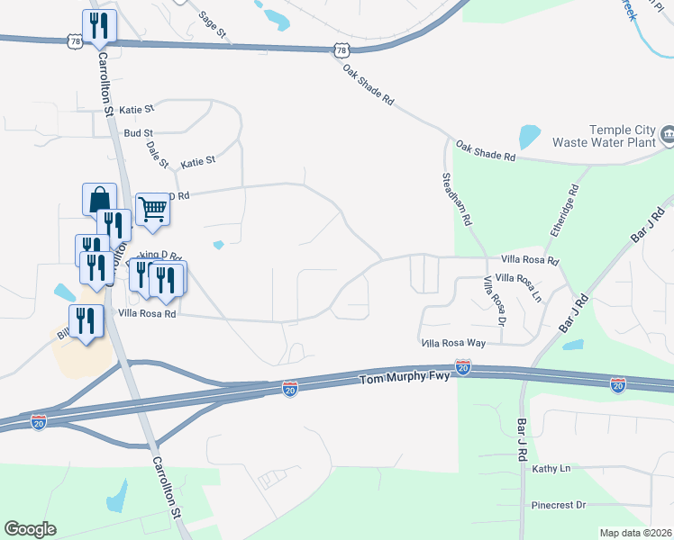 map of restaurants, bars, coffee shops, grocery stores, and more near 256 Hunt Club Circle in Temple