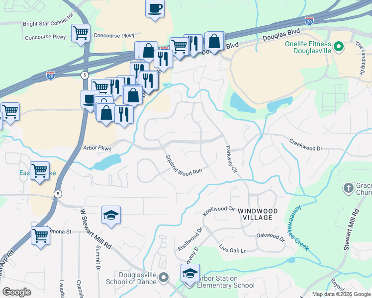 map of restaurants, bars, coffee shops, grocery stores, and more near 6830 Quail Place in Douglasville