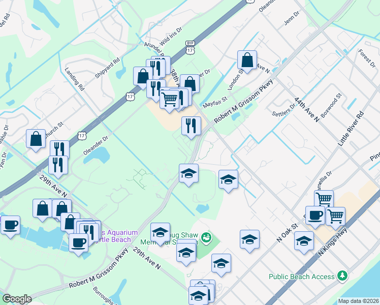 map of restaurants, bars, coffee shops, grocery stores, and more near 3445 Bristol Lane in Myrtle Beach