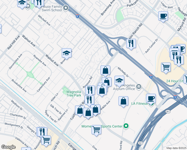 map of restaurants, bars, coffee shops, grocery stores, and more near 14272 Raintree Road in Tustin