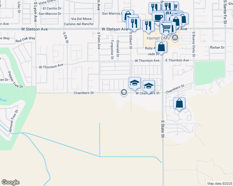 map of restaurants, bars, coffee shops, grocery stores, and more near Chambers Street in Hemet