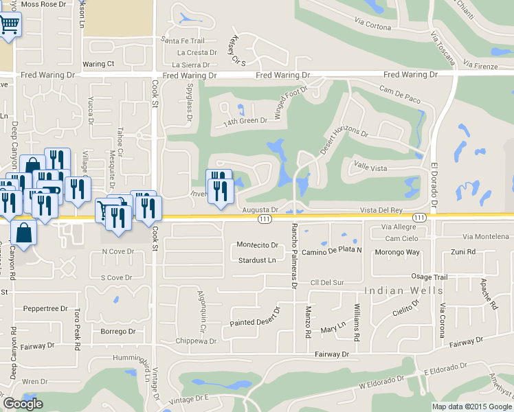 map of restaurants, bars, coffee shops, grocery stores, and more near 75406 Augusta Drive in Indian Wells