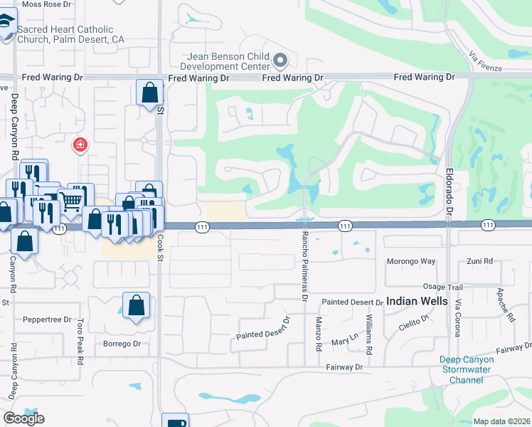 map of restaurants, bars, coffee shops, grocery stores, and more near 75406 Augusta Drive in Indian Wells