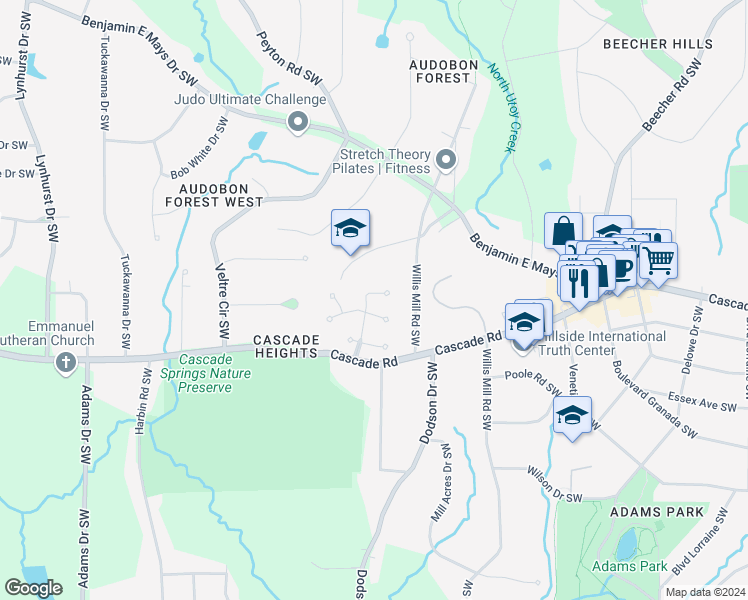 map of restaurants, bars, coffee shops, grocery stores, and more near 1248 Spring Park Drive Southwest in Atlanta