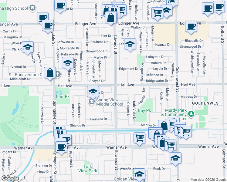 map of restaurants, bars, coffee shops, grocery stores, and more near 6471 Weber Circle in Huntington Beach