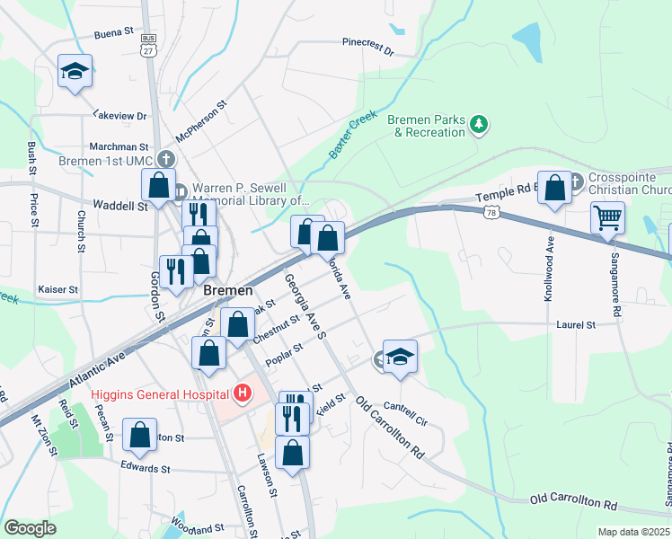 map of restaurants, bars, coffee shops, grocery stores, and more near 112 Florida Avenue in Bremen