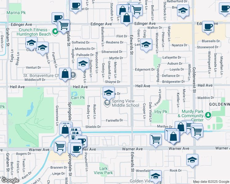 map of restaurants, bars, coffee shops, grocery stores, and more near 6351 Gloria Drive in Huntington Beach