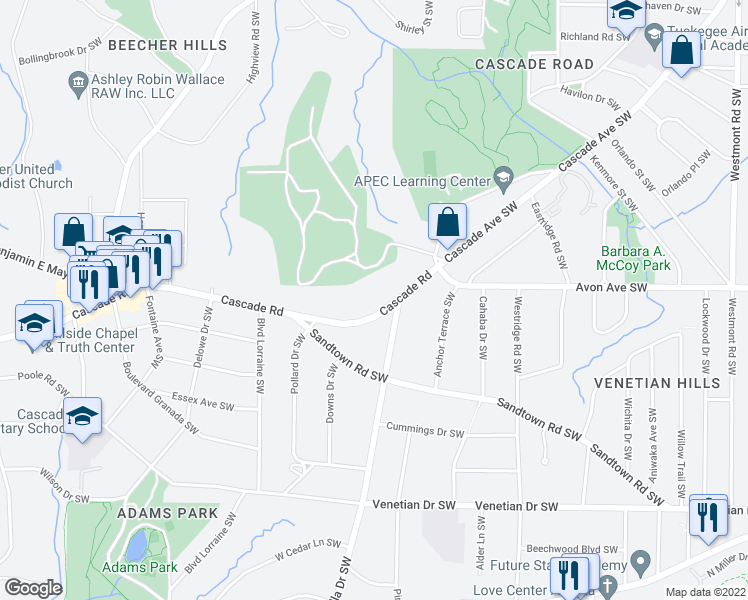 map of restaurants, bars, coffee shops, grocery stores, and more near 1991 Cascade Road in Atlanta