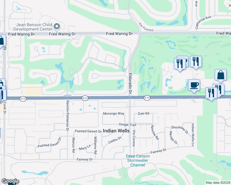 map of restaurants, bars, coffee shops, grocery stores, and more near 75714 Vista Del Rey in Indian Wells