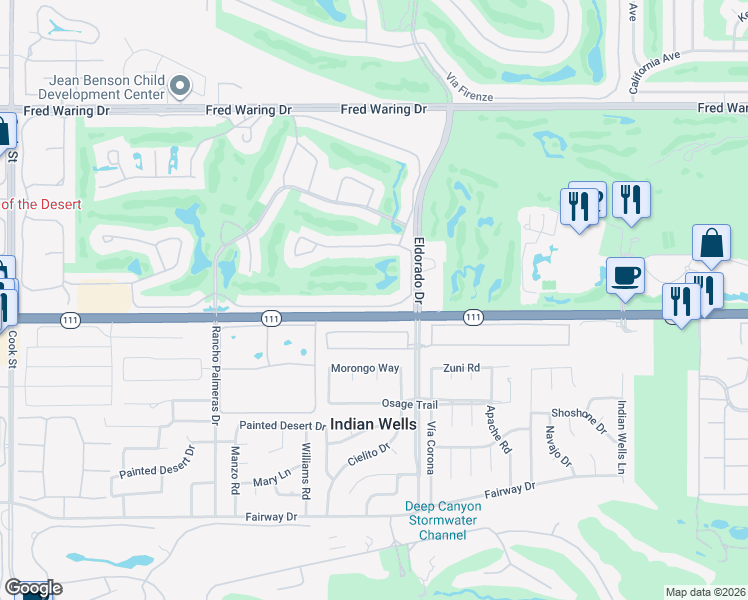 map of restaurants, bars, coffee shops, grocery stores, and more near 75720 Vista Del Rey in Indian Wells
