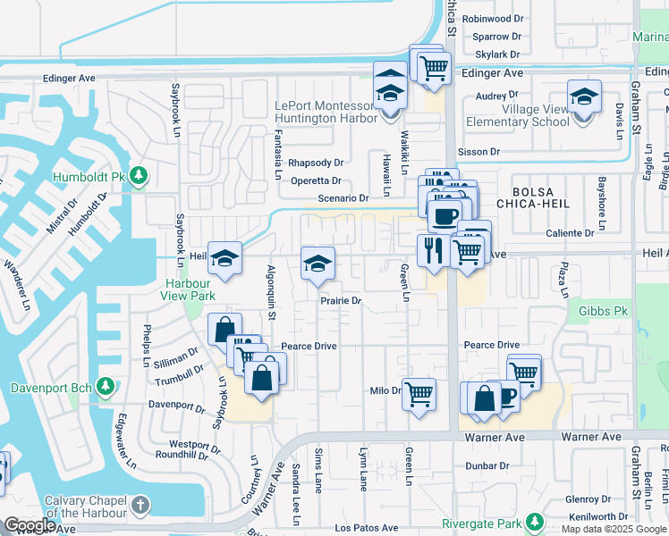 map of restaurants, bars, coffee shops, grocery stores, and more near 4694 Oceano Circle in Huntington Beach