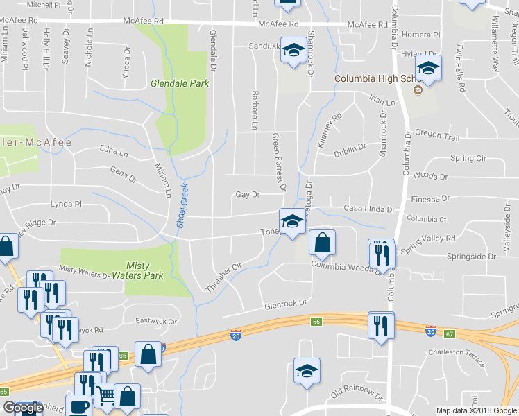 map of restaurants, bars, coffee shops, grocery stores, and more near 2331 Green Forrest Drive in Decatur