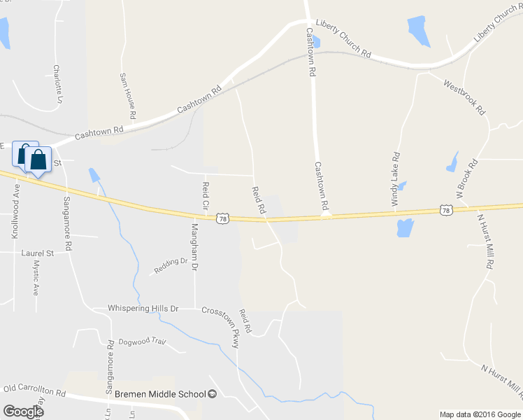 map of restaurants, bars, coffee shops, grocery stores, and more near 225 Reid Road in Bremen