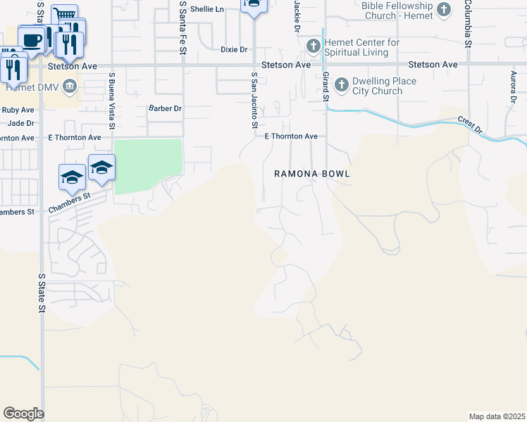 map of restaurants, bars, coffee shops, grocery stores, and more near 27531 Pachea Trail in Hemet