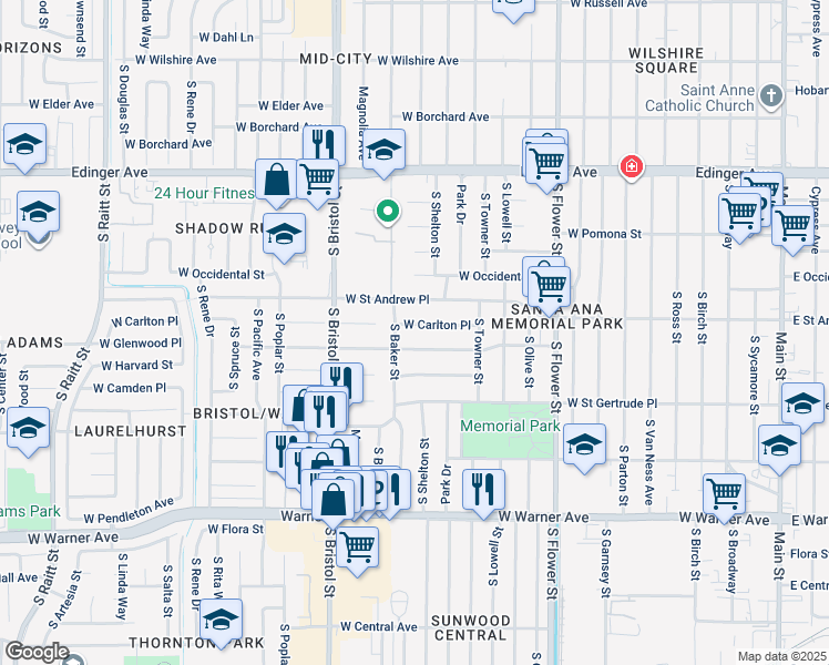 map of restaurants, bars, coffee shops, grocery stores, and more near 1122 Carlton Place in Santa Ana