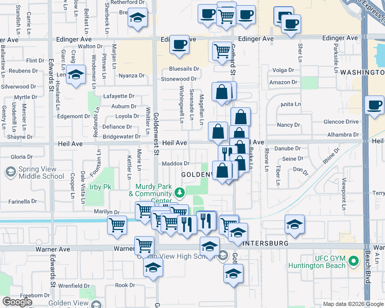 map of restaurants, bars, coffee shops, grocery stores, and more near 16542 Sabot Lane in Huntington Beach