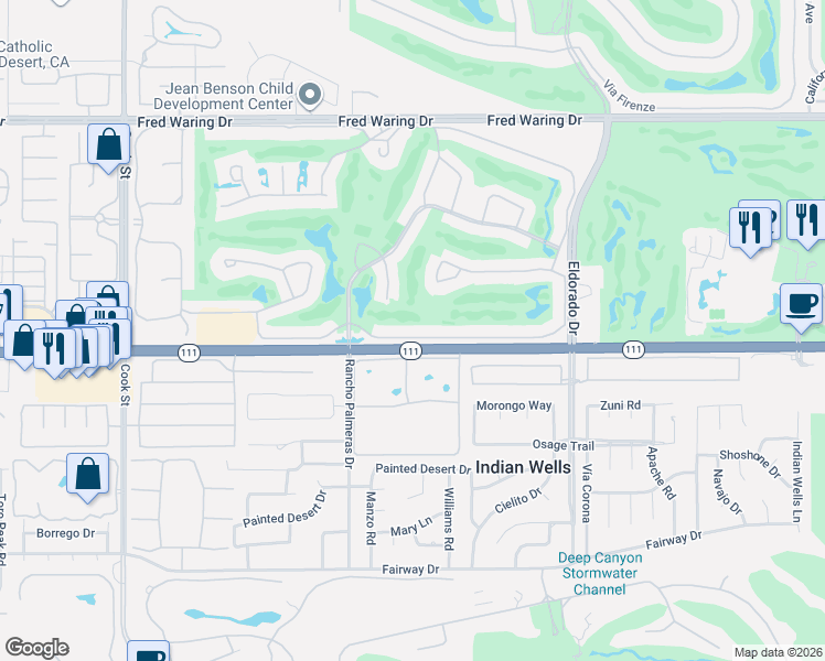 map of restaurants, bars, coffee shops, grocery stores, and more near 75663 Calle Del Norte in Indian Wells
