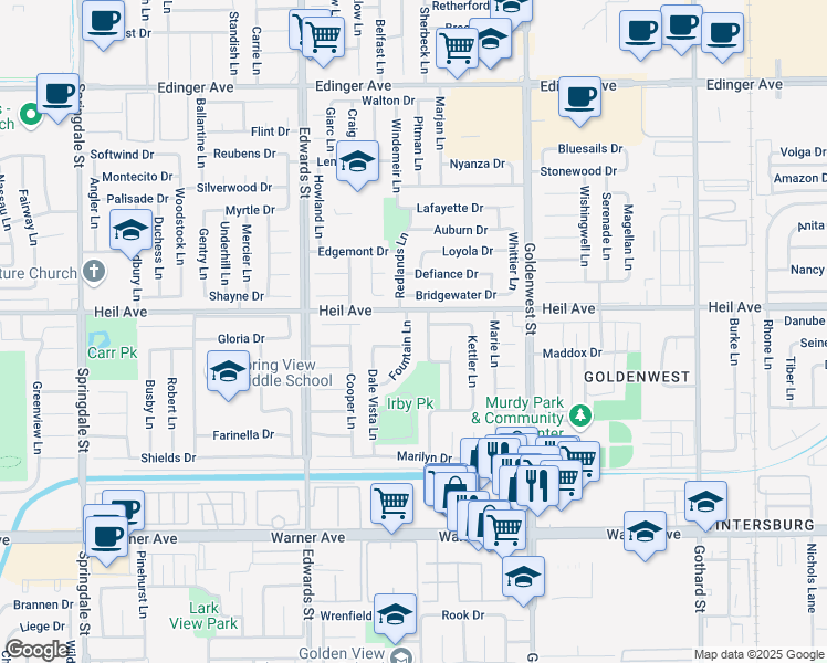 map of restaurants, bars, coffee shops, grocery stores, and more near 16591 Patricia Lane in Huntington Beach