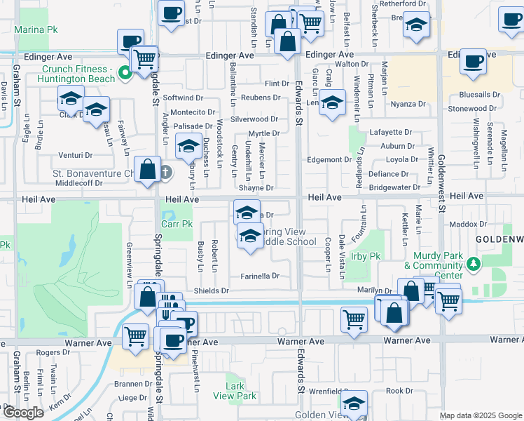 map of restaurants, bars, coffee shops, grocery stores, and more near 6351 Gloria Drive in Huntington Beach