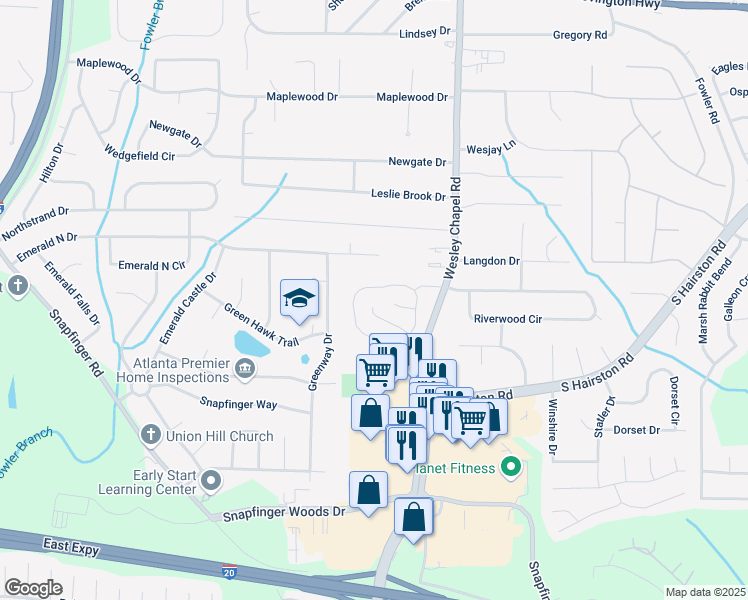 map of restaurants, bars, coffee shops, grocery stores, and more near 4194 Wesley Hall Lane in Decatur