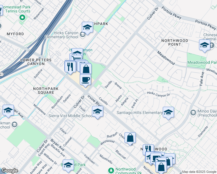 map of restaurants, bars, coffee shops, grocery stores, and more near 11 Seville in Irvine