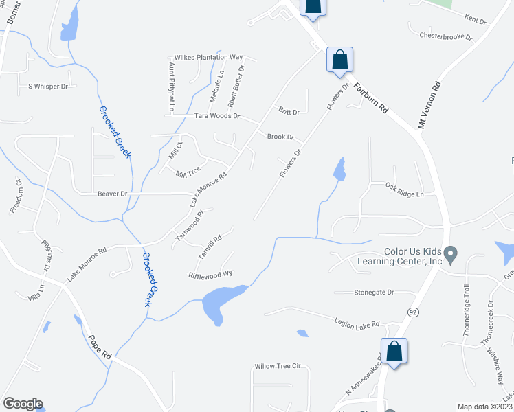 map of restaurants, bars, coffee shops, grocery stores, and more near 3075 Flowers Drive in Douglasville