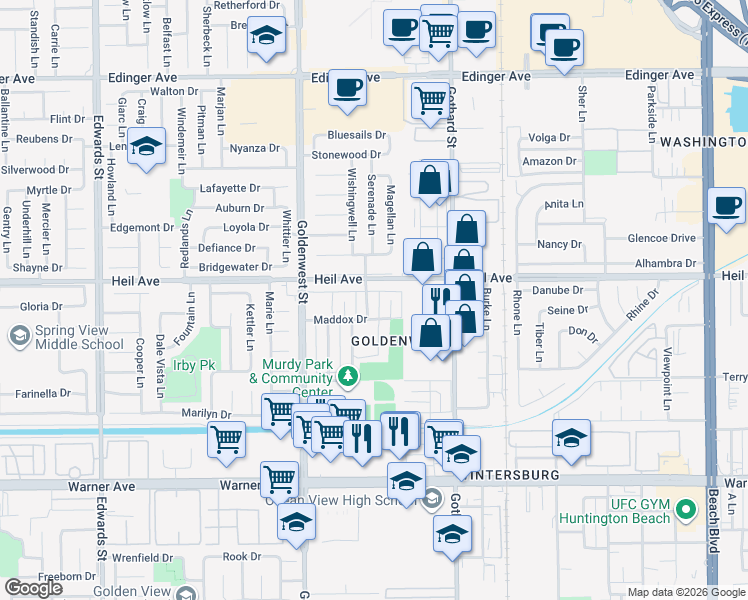 map of restaurants, bars, coffee shops, grocery stores, and more near 16542 Sabot Lane in Huntington Beach