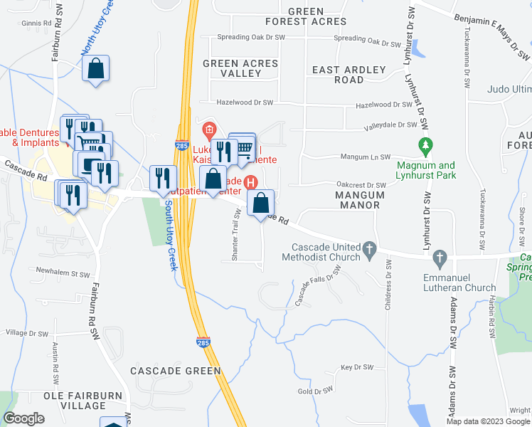 map of restaurants, bars, coffee shops, grocery stores, and more near 3105 Cascade Road in Atlanta