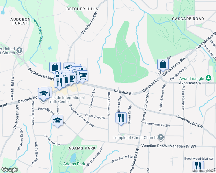 map of restaurants, bars, coffee shops, grocery stores, and more near 2112 Cascade Road in Atlanta