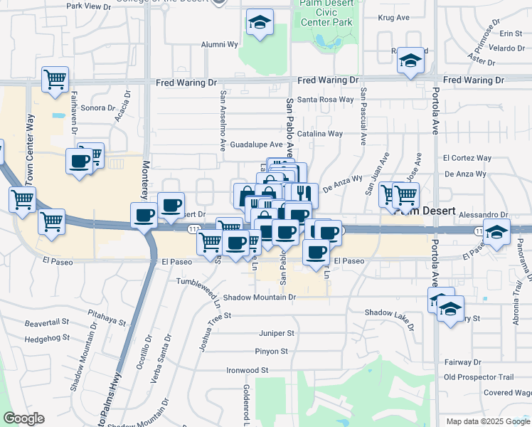 map of restaurants, bars, coffee shops, grocery stores, and more near Palm Desert Drive in Palm Desert