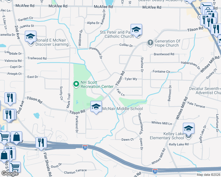 map of restaurants, bars, coffee shops, grocery stores, and more near in Candler-McAfee