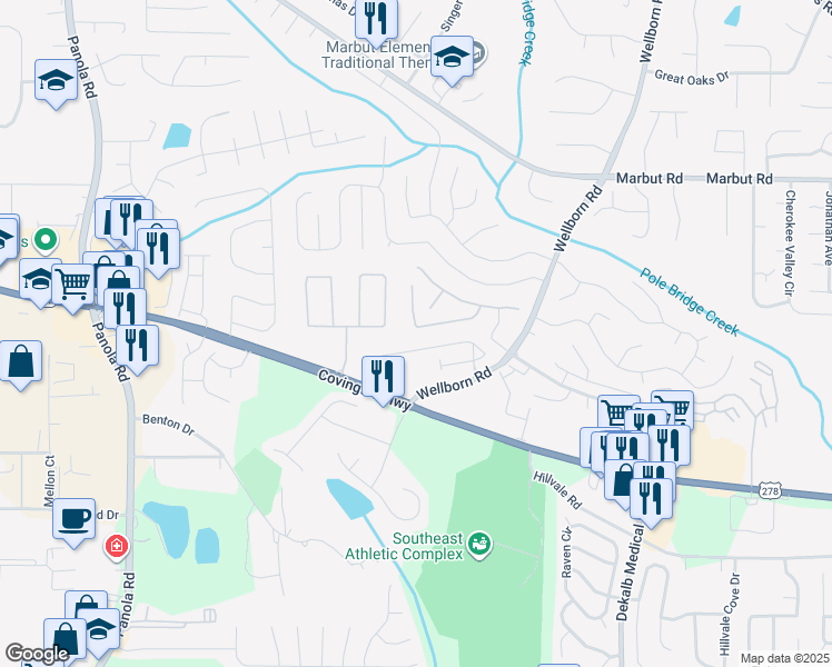 map of restaurants, bars, coffee shops, grocery stores, and more near 5655 Windfall Lane in Lithonia