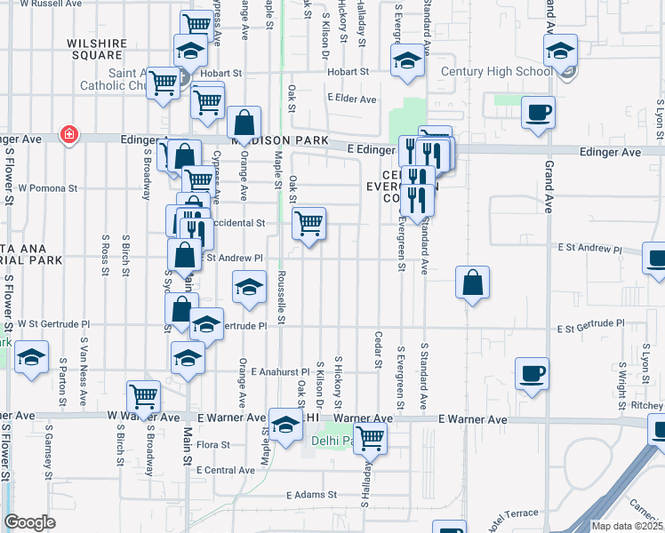 map of restaurants, bars, coffee shops, grocery stores, and more near 2024 South Hickory Street in Santa Ana