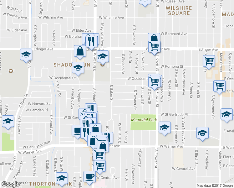 map of restaurants, bars, coffee shops, grocery stores, and more near 1117 West Glenwood Place in Santa Ana