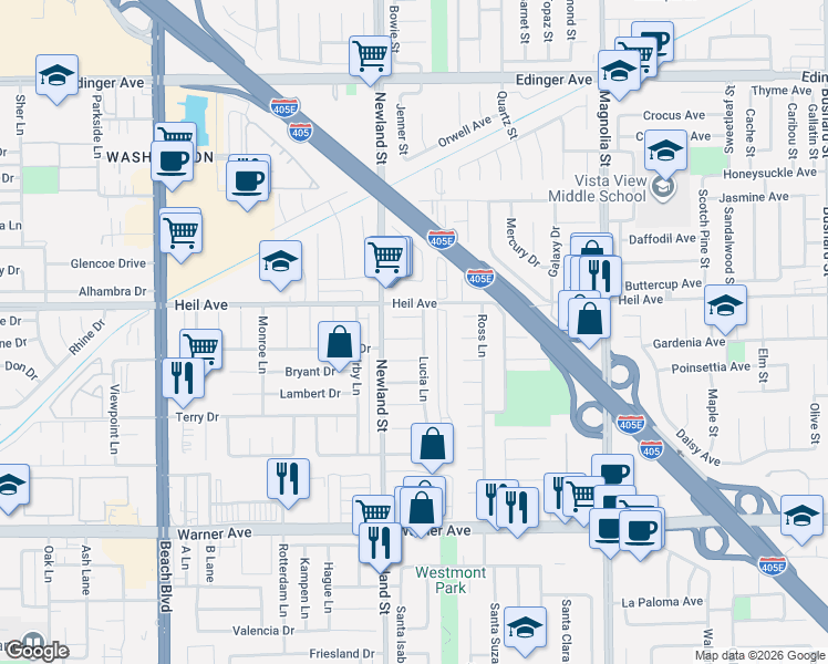 map of restaurants, bars, coffee shops, grocery stores, and more near 8561 Judy Circle in Huntington Beach
