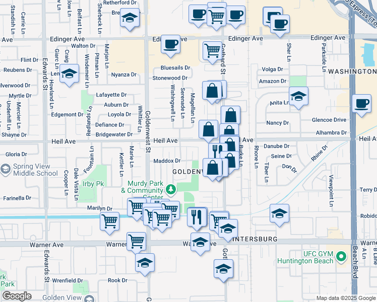 map of restaurants, bars, coffee shops, grocery stores, and more near 16666 Tunstall Lane in Huntington Beach