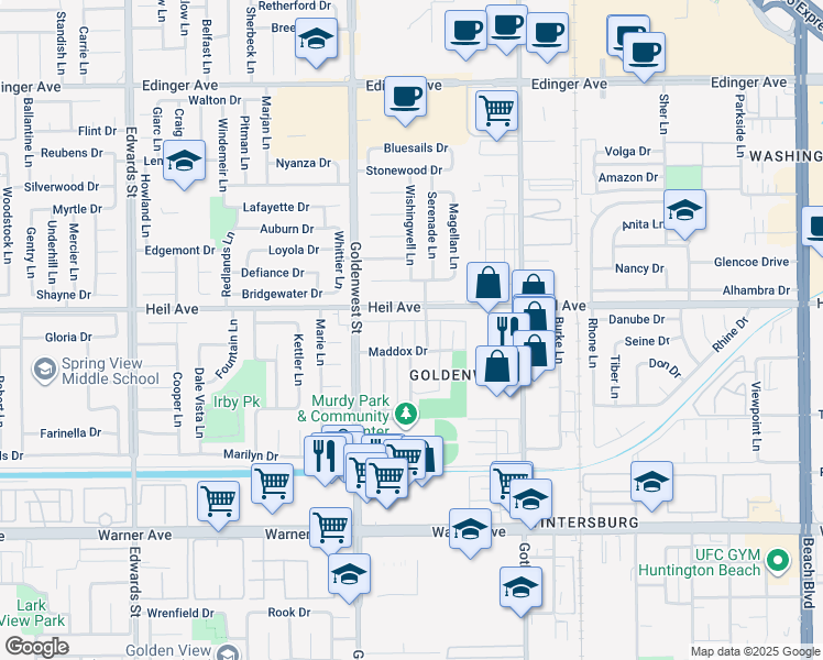 map of restaurants, bars, coffee shops, grocery stores, and more near 16581 Kellog Circle in Huntington Beach