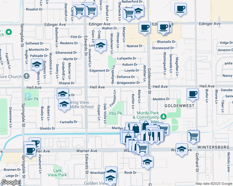 map of restaurants, bars, coffee shops, grocery stores, and more near 16591 Patricia Lane in Huntington Beach