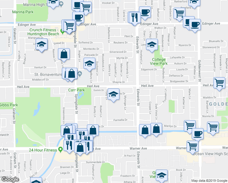map of restaurants, bars, coffee shops, grocery stores, and more near 16662 Trudy Lane in Huntington Beach
