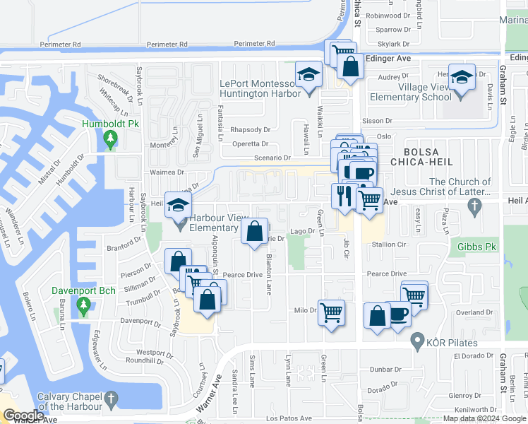 map of restaurants, bars, coffee shops, grocery stores, and more near 4694 Oceano Circle in Huntington Beach