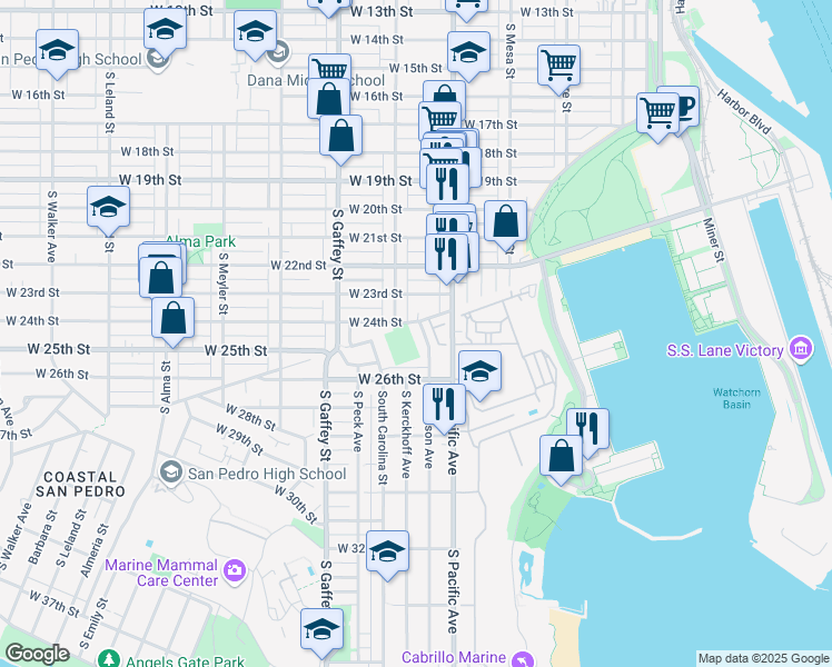 map of restaurants, bars, coffee shops, grocery stores, and more near 2411 South Grand Avenue in Los Angeles
