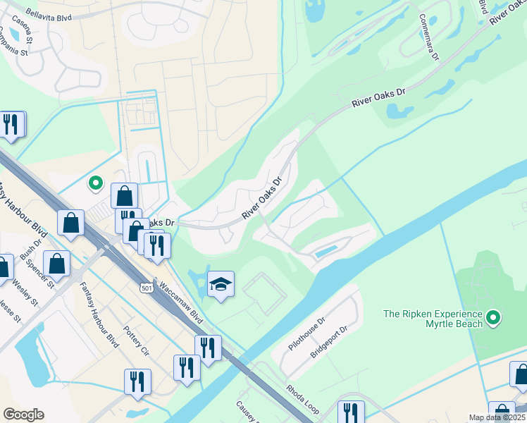 map of restaurants, bars, coffee shops, grocery stores, and more near 590 River Oaks Drive in Myrtle Beach