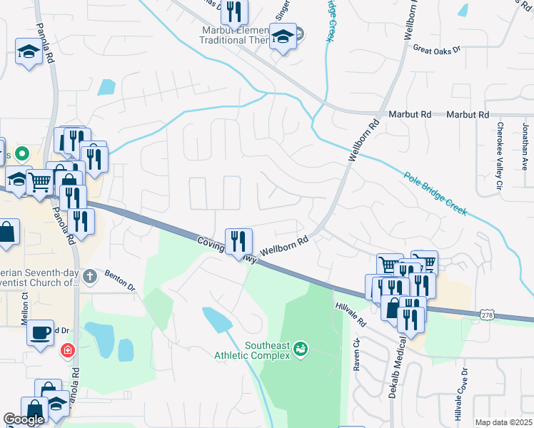 map of restaurants, bars, coffee shops, grocery stores, and more near 5679 Windfall Lane in Lithonia
