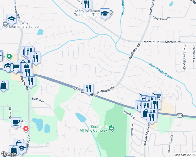 map of restaurants, bars, coffee shops, grocery stores, and more near 5667 Windfall Lane in Lithonia
