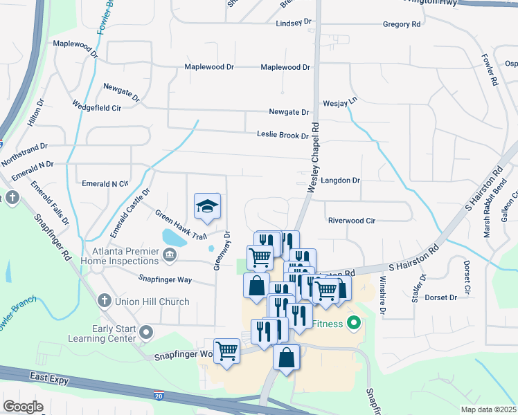 map of restaurants, bars, coffee shops, grocery stores, and more near 4194 Wesley Hall Lane in Decatur