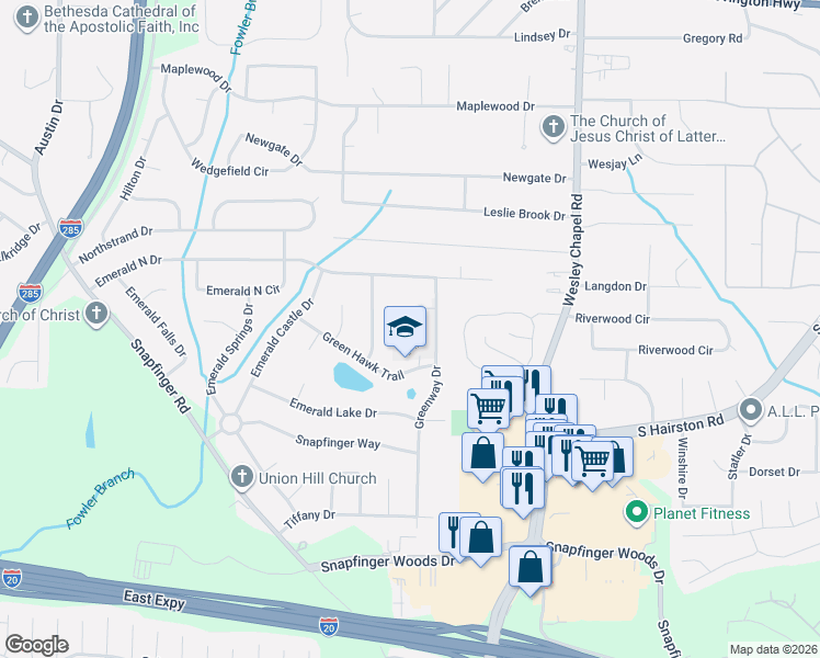 map of restaurants, bars, coffee shops, grocery stores, and more near 4150 Green Hawk Trail in Decatur
