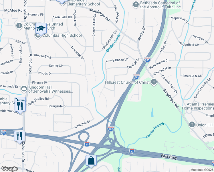 map of restaurants, bars, coffee shops, grocery stores, and more near 3661 Sterling Ridge Way in Decatur