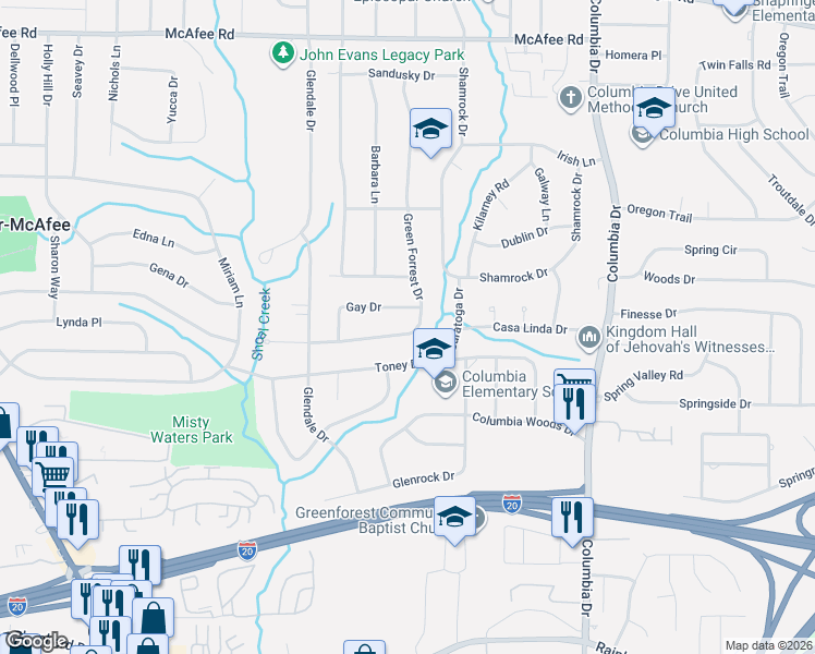 map of restaurants, bars, coffee shops, grocery stores, and more near 2297 Green Forrest Drive in Decatur