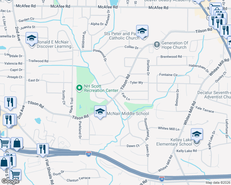 map of restaurants, bars, coffee shops, grocery stores, and more near in Candler-McAfee