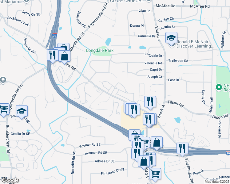map of restaurants, bars, coffee shops, grocery stores, and more near 1840 Brighton Boulevard Southeast in Atlanta